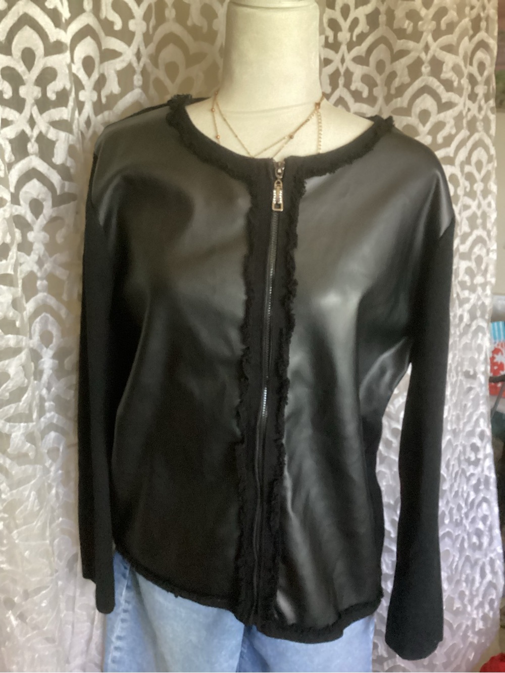 Siani Milano Black Faux Leather Zip-Up Jacket with Knit Sleeves XL